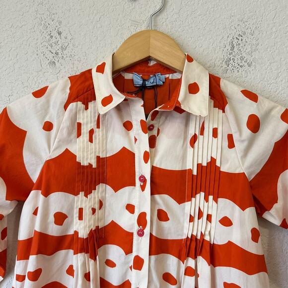 MIMISOL Long Shirt Dress Orange White Abstract Pleated Cotton Artsy NWT - Picture 5 of 12